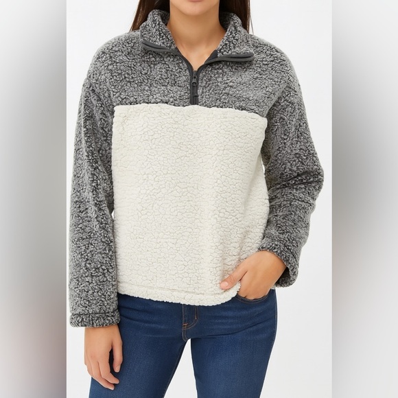 Cozy Gray and Cream Sherpa Pullover Sweater - Picture 2 of 5